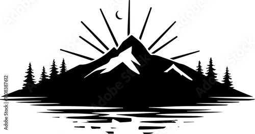 Black silhouette of mountains with sun rays rising behind