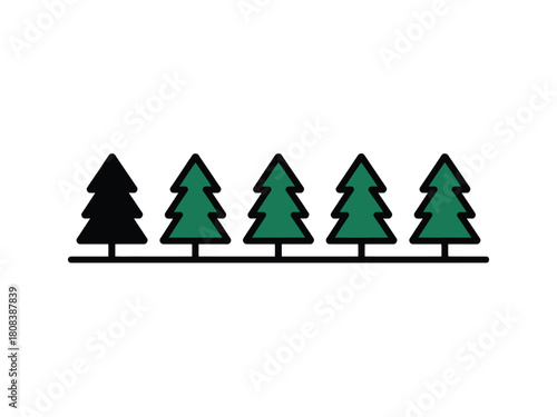 A row of stylized evergreen trees with one black tree stands out.