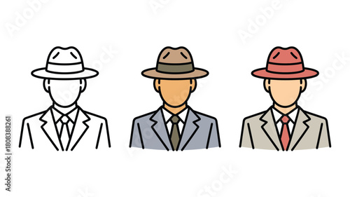 Three stylized figures wearing fedora hats and suits stand side-by-side.