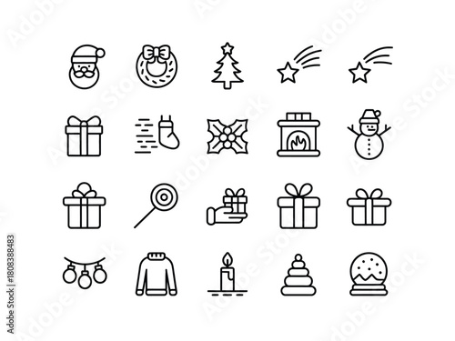 A collection of line art icons representing Christmas and winter holiday themes.