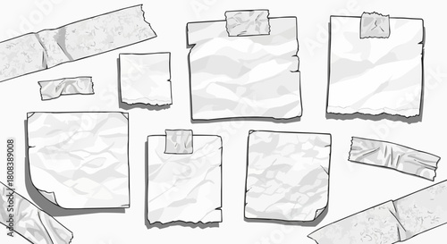 Hand drawn sketch collection of crumpled paper notes and tape.