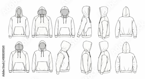 Hoodie Design Sketches - Front, Side, and Back Views.