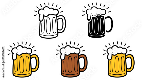 Collection of refreshing beer mugs, each brimming with frothy foam and sparkling lines, presented in various outline, solid black, yellow, and brown cartoon styles.