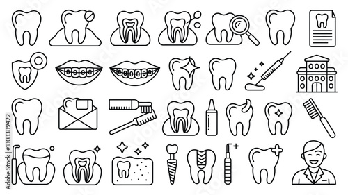 A collection of dental icons representing oral hygiene and dental care services.