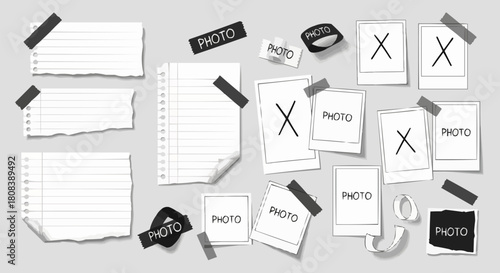 Collection of various paper notes and photo frames with tape.