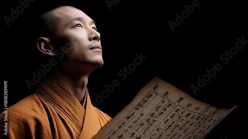 Tang Dynasty monk sincerely studies scriptures with firm eyes