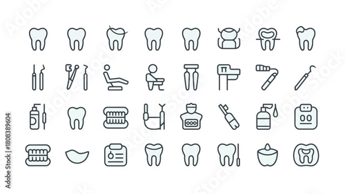 A collection of dental icons representing oral hygiene and dental care concepts.