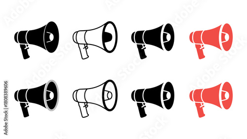 Megaphone icon set: diverse vector illustrations for announcement, marketing, public address, communication, and important message dissemination