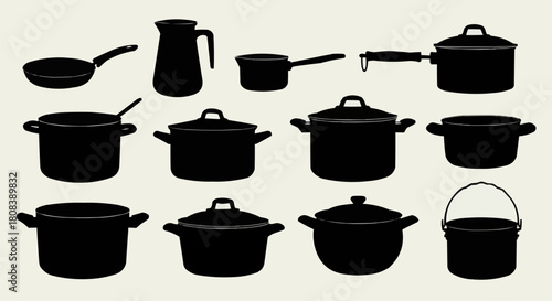 Collection of Black Kitchen Pots and Pans Silhouettes.