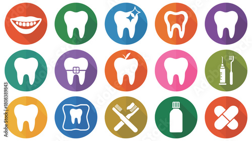 A collection of colorful icons representing dental health and oral hygiene.