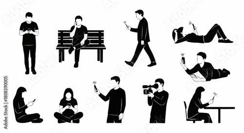 Collection of black and white silhouettes of people using modern technology.