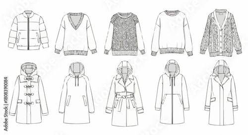 Collection of various winter clothing items including jackets and sweaters.