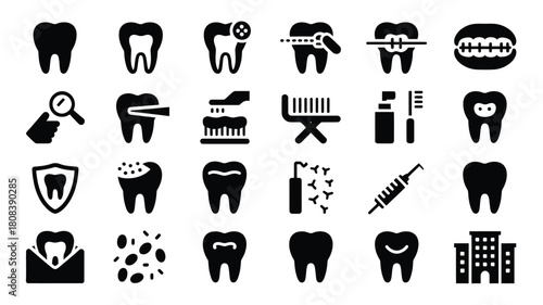 A collection of dental care and hygiene icons representing healthy teeth and treatments.