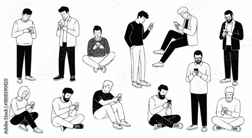Hand drawn collection of diverse men using their mobile phones.