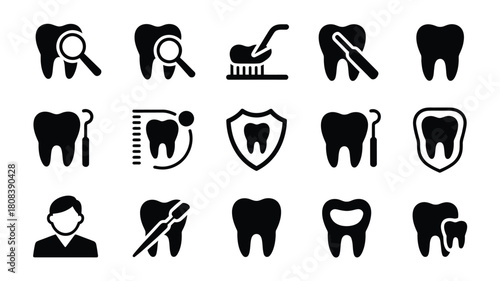 A collection of dental care and tooth icons representing oral hygiene and health.
