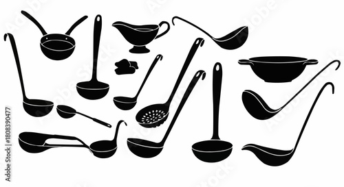 Collection of Kitchen Utensils Silhouettes for Cooking and Serving.