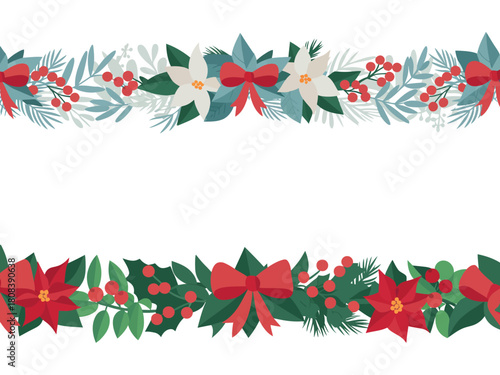 Festive Christmas borders with poinsettias, holly, and bows.