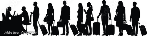 Silhouette vector of travelers with luggage standing in queue at airport check-in desk or hotel reception, isolated on white.