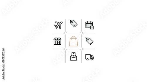 A grid of shopping and travel icons represent e-commerce and logistics.