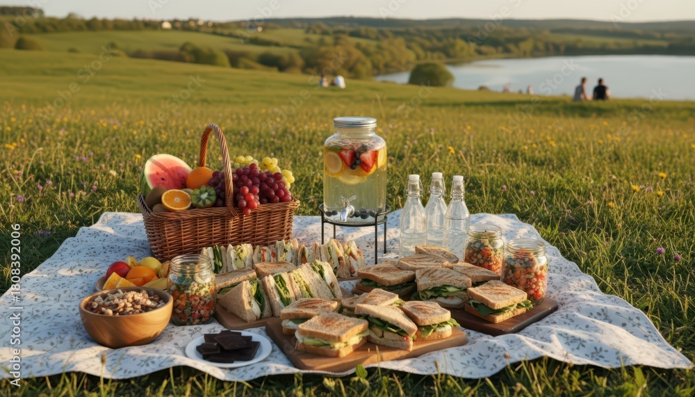 Fototapeta premium A beautiful outdoor picnic spread with sandwiches, fruits, and drinks on a blanket in a sunny grassy field by a lake.