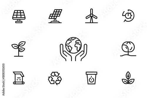Collection of environmental and sustainability icons including solar panels and wind turbines.