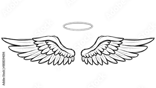 Stylized illustration of majestic angel wings paired with a luminous halo, symbolizing peace, purity, and spiritual grace