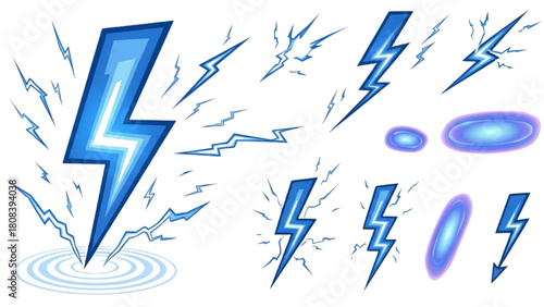 Set of vibrant blue lightning bolts and electric energy flash illustrations