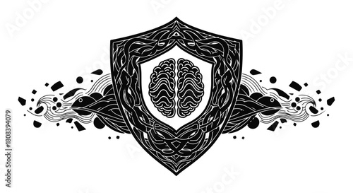 Intricate shield emblem protecting a stylized brain, symbolizing intellect and security.