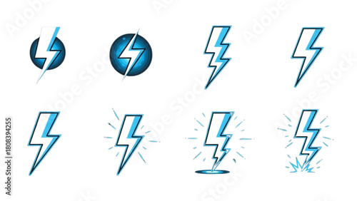 Collection of electric lightning bolt icons representing power and energy