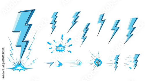 Dynamic set of blue lightning bolt illustrations capturing electric power and energetic impact with various styles