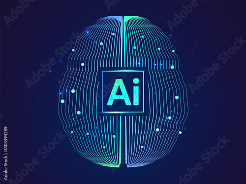 Artificial intelligence with Futuristic top view AI brain curved network Connection lines technology analyst vector design concept. AI technology for advance technology, automation, Data Visualization