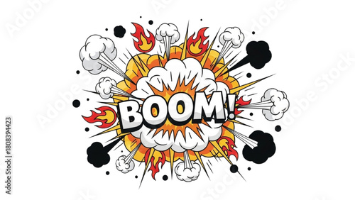 Energetic cartoon explosion burst with 'BOOM!' text, perfect for conveying sudden impact or loud sound effects