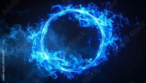 A vibrant, swirling blue flame forms a perfect circular frame against a dark backdrop, creating an ethereal, glowing effect