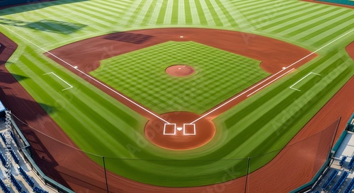 Aerial view of a meticulously manicured baseball field with vibrant green grass and red clay base paths