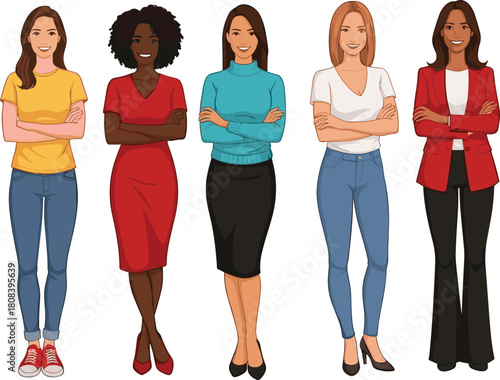 Women character illustration, diverse fashion styles, professional female poses, casual and formal outfits, confident stance, workplace diversity, vector design, modern look