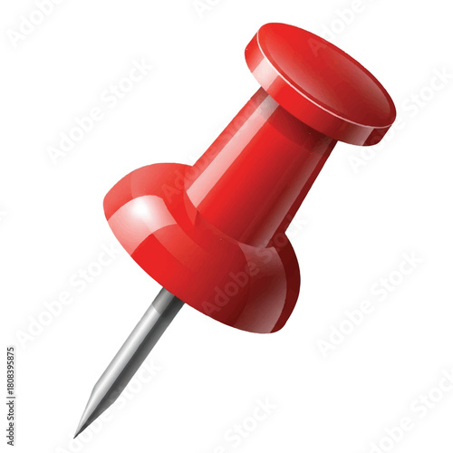 A close-up, 3D rendered image of a shiny red push pin isolated on a white background, highlighting its sharp metal point and domed head