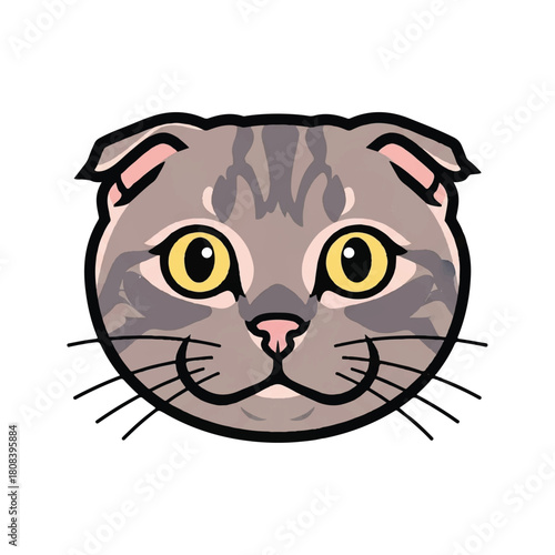 Charming illustration of a Scottish Fold cat's face with big yellow eyes. This adorable cartoon feline head with tabby markings is isolated on a white background