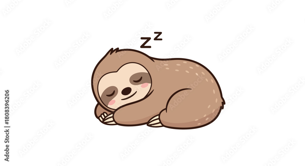 Naklejka premium Cute cartoon sloth sleeping peacefully with a zzz symbol above its head. Adorable lazy animal character taking a nap, isolated vector illustration for children and nursery design