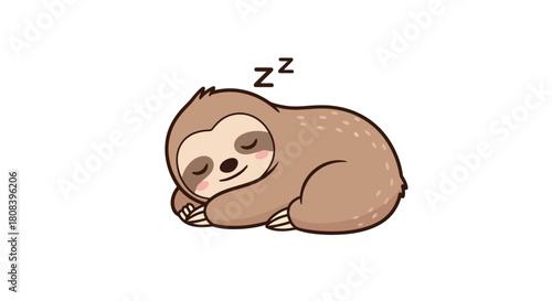 Cute cartoon sloth sleeping peacefully with a zzz symbol above its head. Adorable lazy animal character taking a nap, isolated vector illustration for children and nursery design