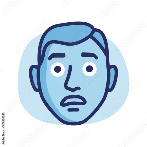 Stylized blue icon illustration depicting a person's face expressing intense surprise, fear, or anxiety, with wide eyes and a worried expression, perfect for emotional communication