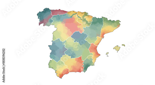 Colorful heatmap map of Spain, showcasing regional data variations with a watercolor artistic touch, illustrating distribution patterns