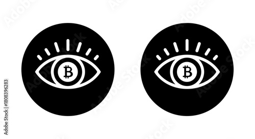 Bitcoin eye icon in black circle. Crypto vision symbol. Digital currency insight sign