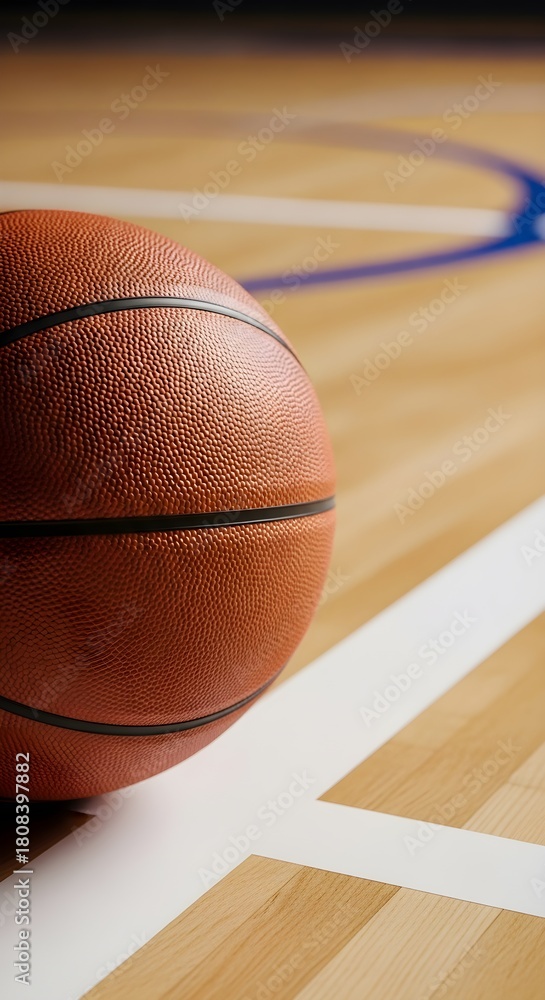 Obraz premium A textured basketball rests on a polished wooden basketball court with blue and white markings
