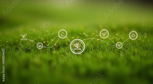 Fototapeta Naklejka Na Ścianę i Meble -  Green Grass Background with Connected Power Icons Renewable Energy and Sustainability Network Concept