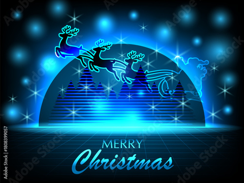 Vibrant and modern Christmas design featuring a silhouette of Santa Claus and his reindeer flying a sleigh over abstract neon blue geometric trees. The dark background with a glowing arch creates a fu