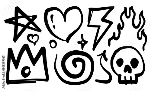 Doodles of stars hearts lightning bolts fire skulls and crowns.