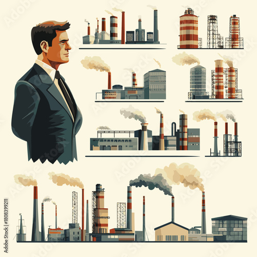Industrial corporation set. Big boss in suit. Smoke pours from pipes  , vector style simple color
