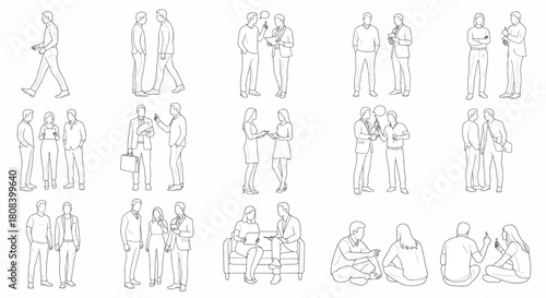 Collection of diverse people in various poses and interactions, business and casual settings, drawn in a sketch outline style, vector illustration