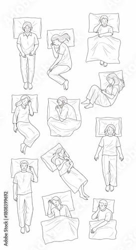 Collection of diverse people sleeping in various comfortable positions on pillows, illustrating different sleeping postures and relaxation techniques, vector illustration