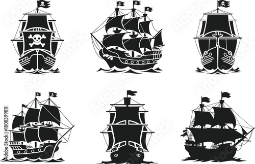 Pirate ship silhouette vector set